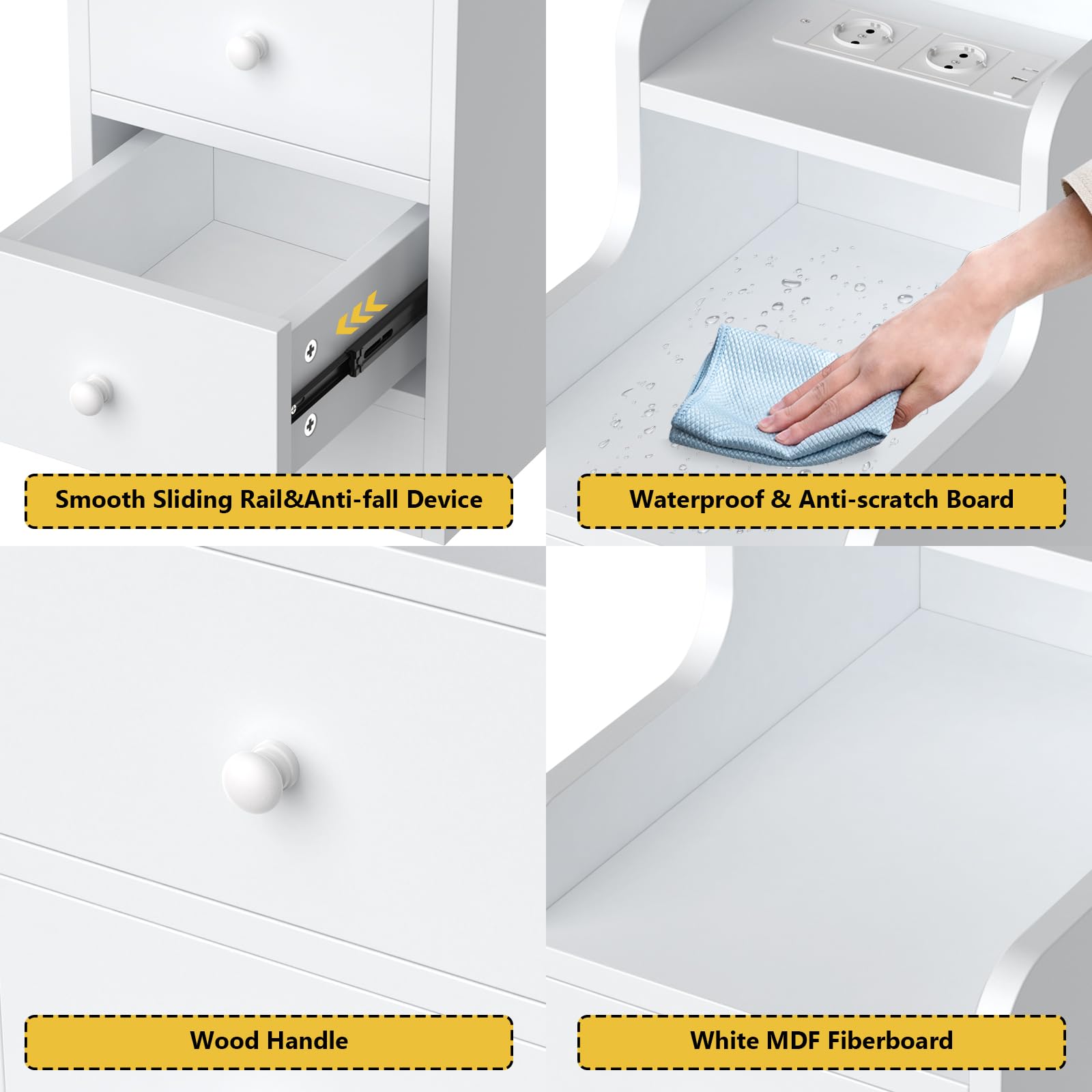 Comodino Stretto, Comodino Bianco, con 2 Prese AC, 2 Porta USB-C, Comodini con Presa Alto Tavolino con 3 Cassetto, 25x35x70cm Bianco