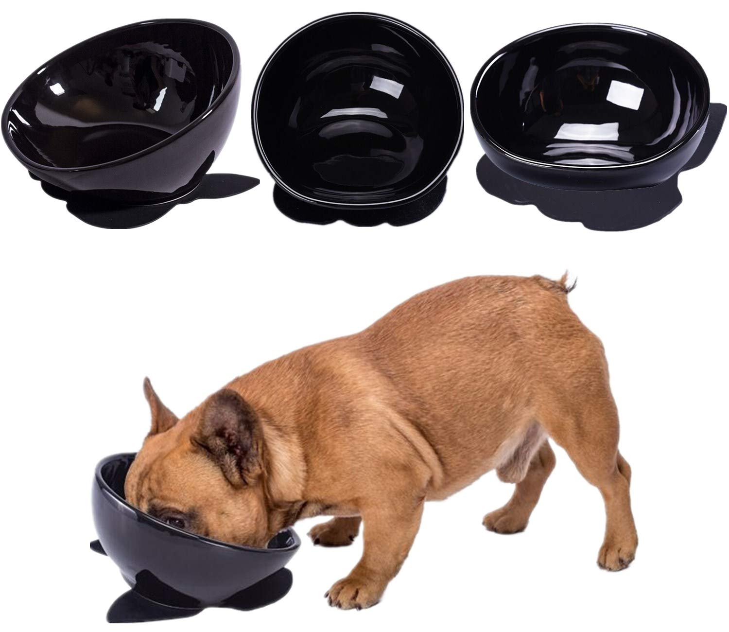 Bulldog Gamelle en céramique pour chien et chat – Gamelle à large ouverture pour chien – Gamelle pour animal domestique stérile inclinée avec tapis en caoutchouc antidérapant, noir, taille M