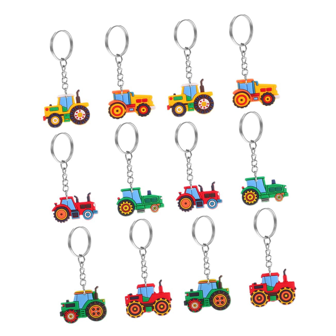 CAXUSD 12pcs Cute Cartoon Farm Tractor Backpack Keychain for Kids, Adorable Pvc and Stainless Steel Key Ring Party Favors for Birthday Party and Classroom Activities