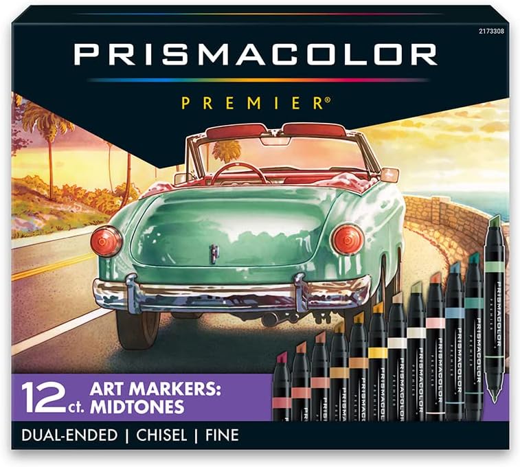Prismacolor Premier Dual-Ended Art Markers, Chisel and Fine Tips, Mid-Tone Colors, 12 Count - Professional Quality for Artists, Adult Coloring, Drawing
