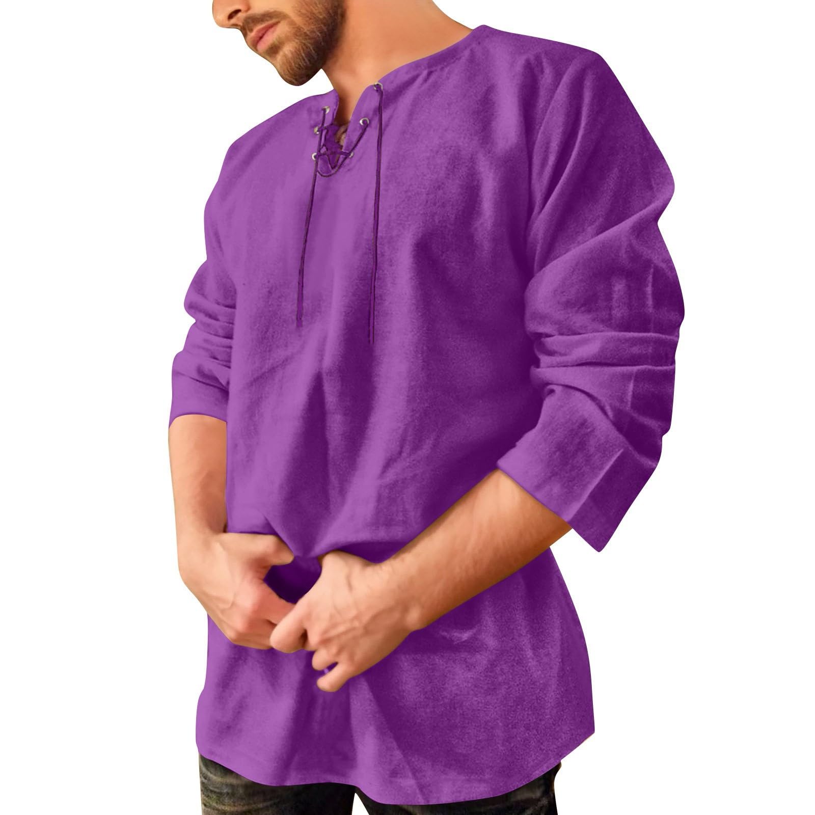 Celanisai Medieval Shirt Men's Tunic Linen Shirt Long Sleeve Retro Viking Shirts with Lacing Men's Casual Shirt Casual Fishing Shirt Viking Clothing Without Collar T-Shirt Plain Tops, O purple, XL