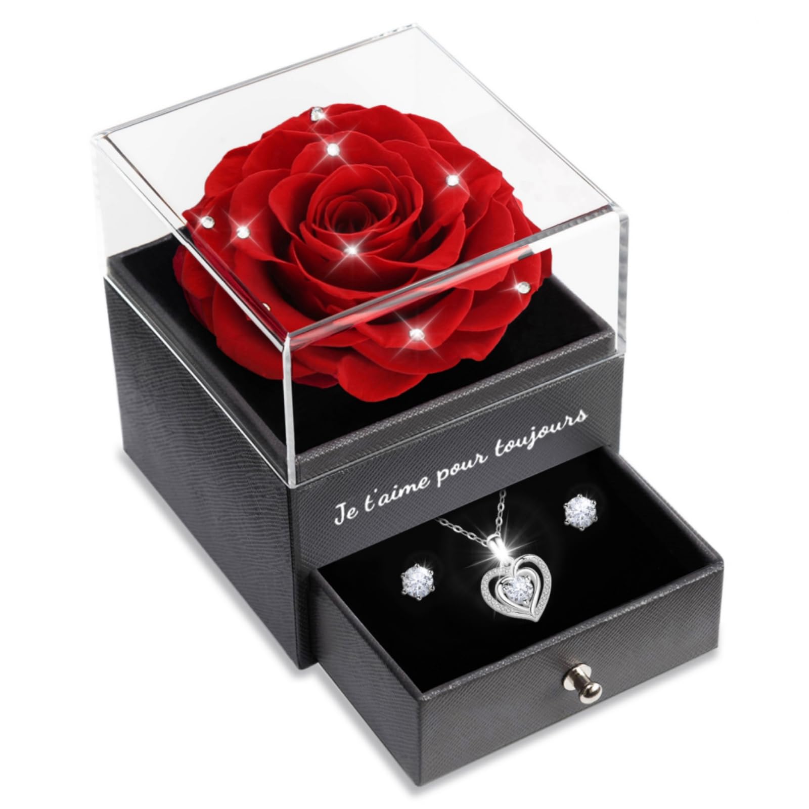 Sunia Rose Eternelle avec Bijoux Argent 925,Collier Coeur Boucles d'oreilles,Coffret Cadeau Femme,Rose Préservée avec Collier,Cadeau Anniversaire Femme,Amour Cadeau,Fete des Meres,Noël,Saint-Valentin