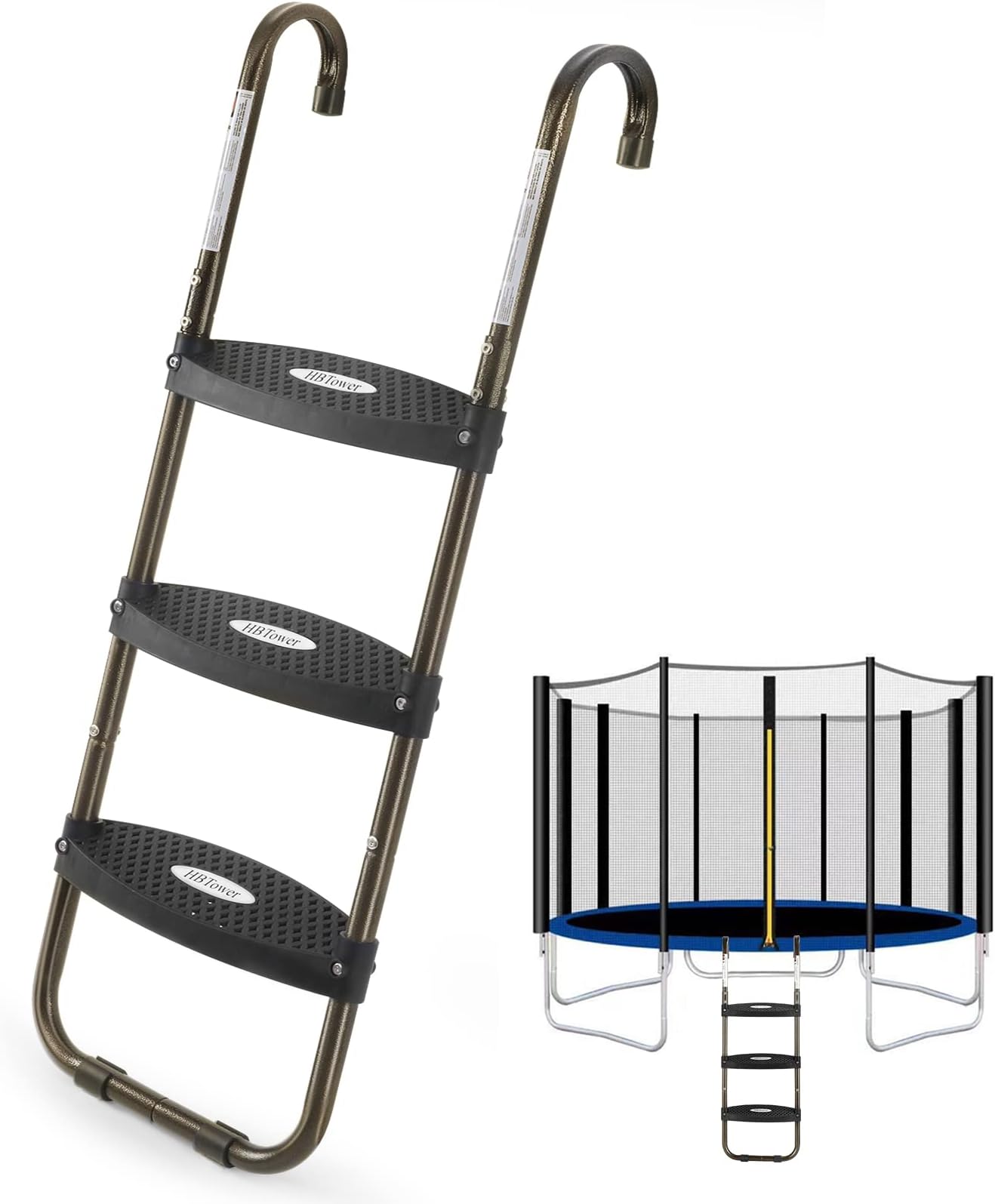 HBTower Trampoline Ladder, 3-Step Trampoline Steps with Horizontal Wide Steps, Skid-Proof Steps Universal Hook, UV Treated Steel, 220Lbs Capacity Trampoline Stairs Accessories for Kids/Children