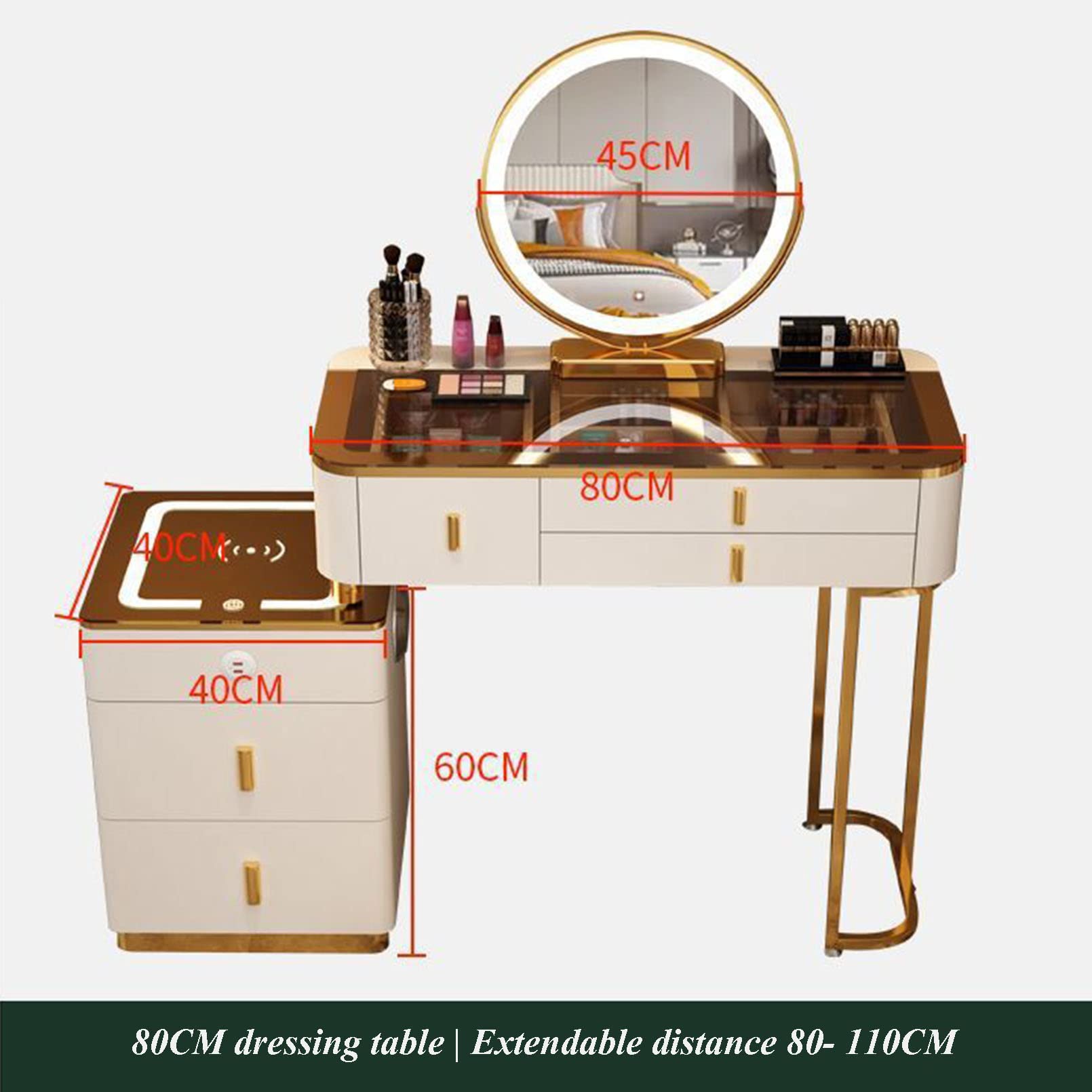 Mesa Vani de maquillaje con luz LED con bandeja transparente de 5 Ders Cushed Taburete recargable para mujeres y niñas - Juego de tocador Ele