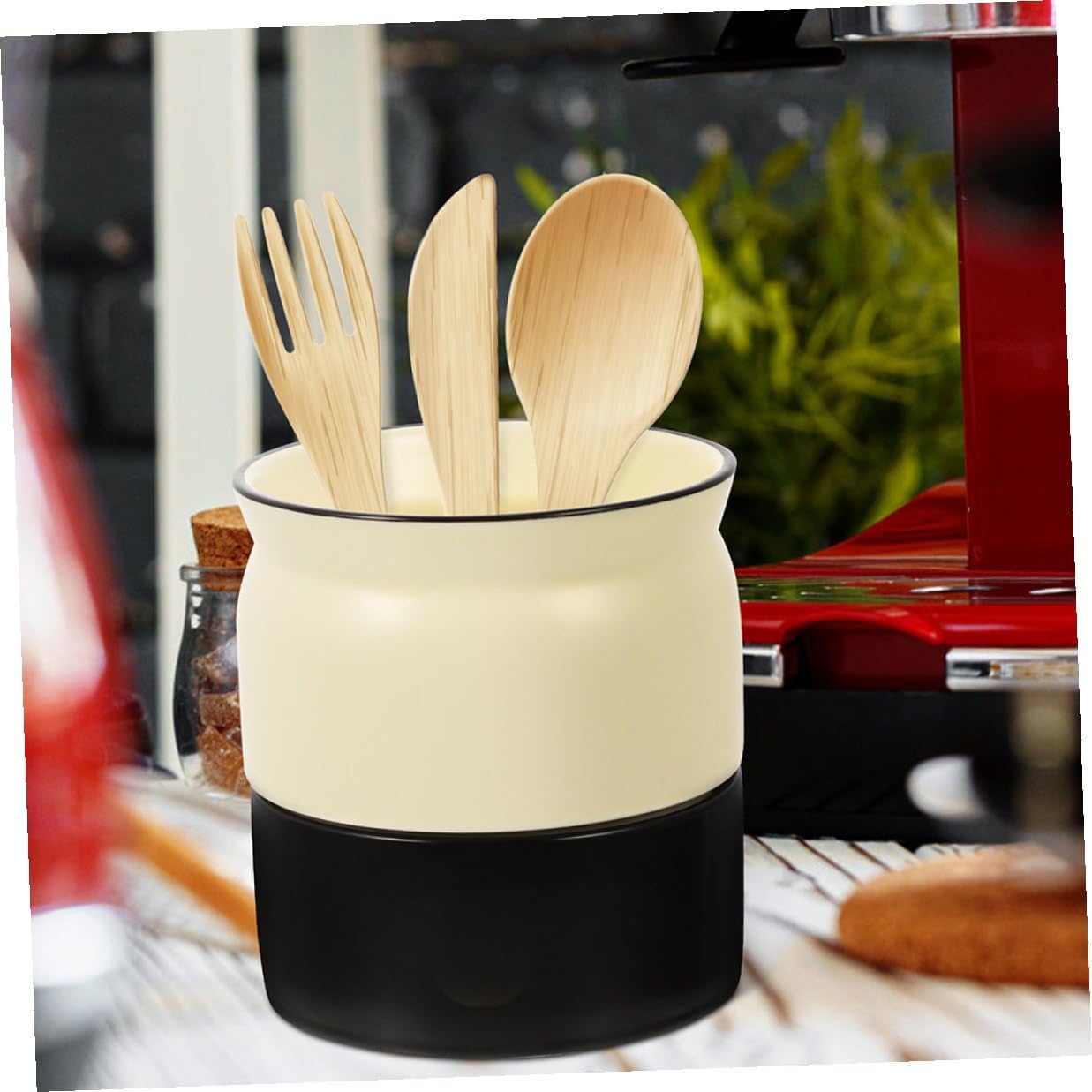 BESPORTBLE 2pcs Ceramic Cutlery Bucket and Flatware Holder Set with Drainage for Kitchen Utensil Storage, Chopstick Organizer in White and Black for Home and Restaurant Use