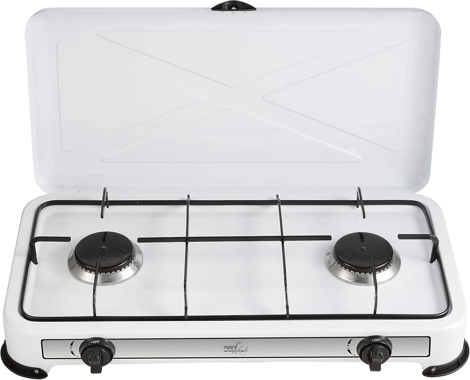 Melchioni Family | Cocina de Gas para Camping MINERVA 2 con 2 Quemadores, Cocina Portátil de GLP con Tapa, Grill y Quemadores Desmontables, Blanca