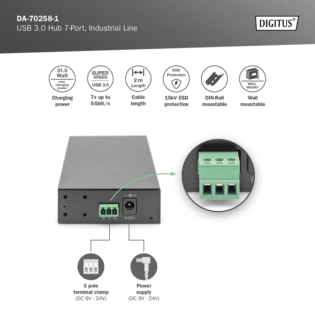Digitus Usb 3.0 Hub 7-Port Industrial Line (dA-70258-1)