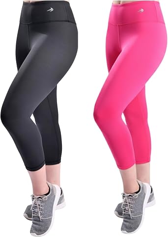 CompressionZ 2 Pack High Waisted Capri Compression Leggings for Women with Pockets, Tummy Control Workout, Gym, Pilates, Travel Yoga Pants (Black-2XL & Pink-2XL)