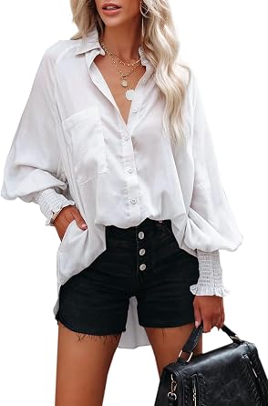 Button Down Shirts for Women Oversized Smocked Cuffed Collared Boyfriend Shirt Long Sleeve Blouse Tunic Top with Pocket