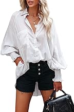 Button Down Shirts for Women Oversized Smocked Cuffed Collared Boyfriend Shirt Long Sleeve Blouse Tunic Top with Pocket