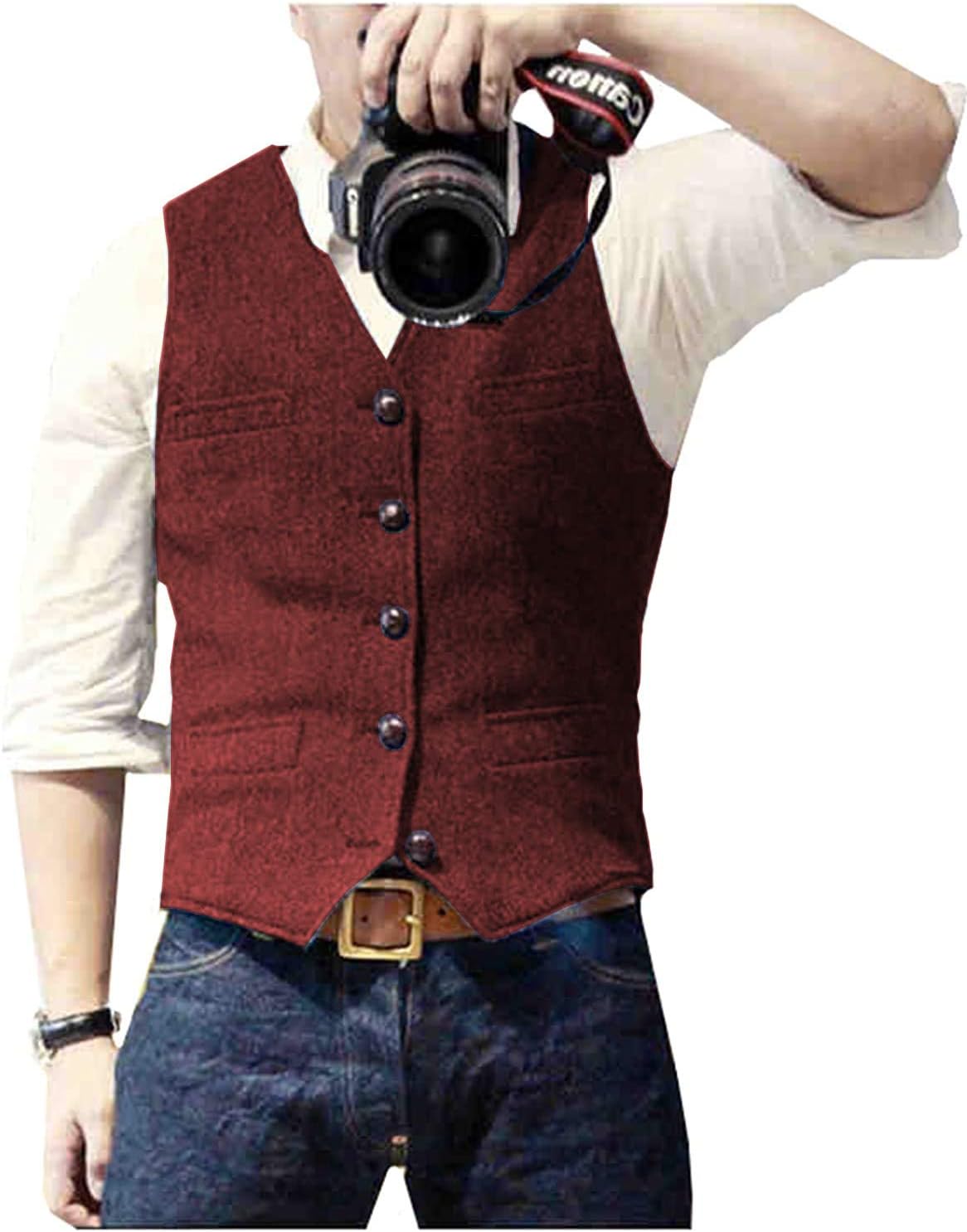 Ceehuteey Mens Suit Vest Waistcoat Tweed Retro V Neck Wool Herringbone for Prom