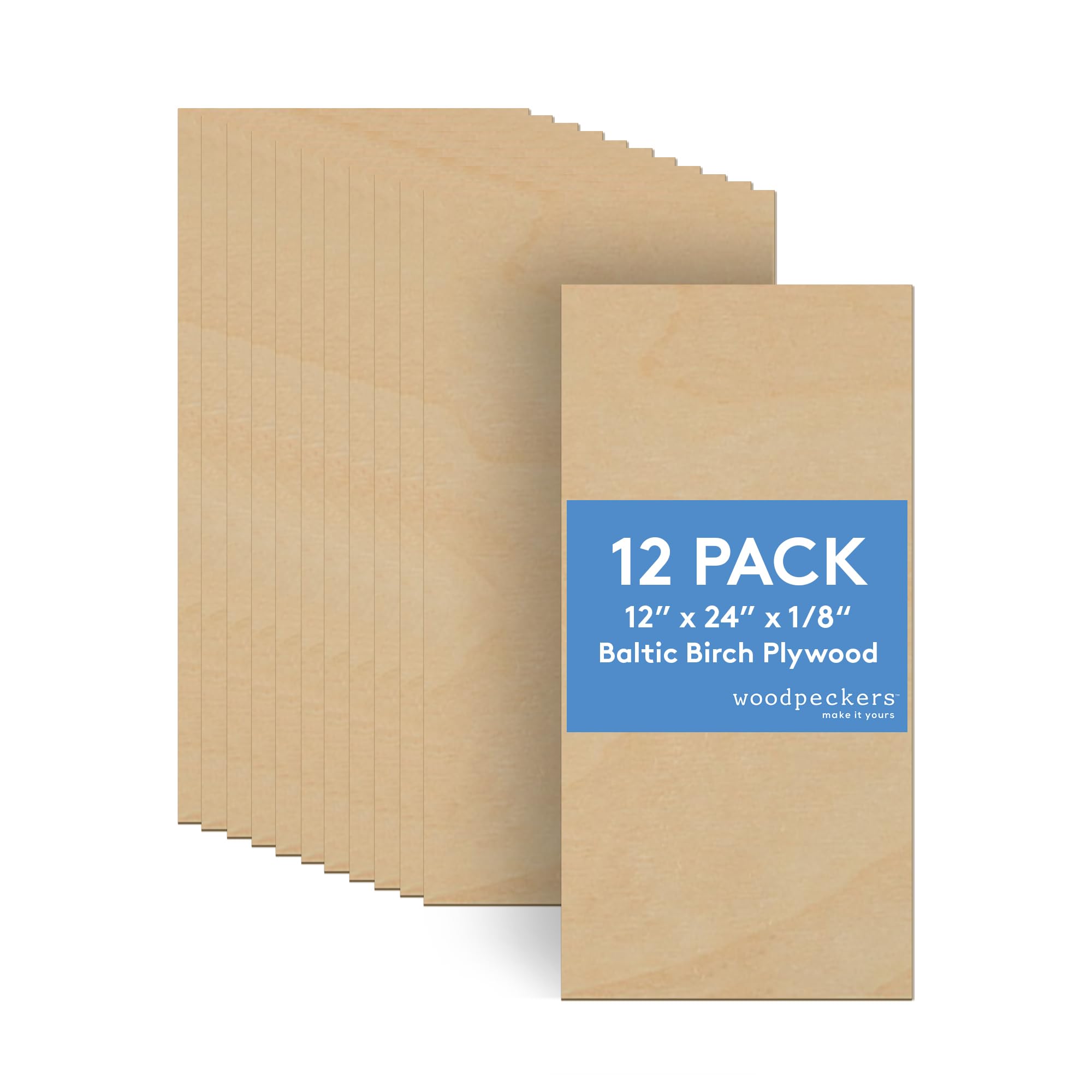 Baltic Birch Plywood, 3 mm 1/8 x 12 x 24 Inch Craft Wood, Box of 12 B/BB Grade Baltic Birch Sheets, Perfect for Laser, CNC Cutting and Wood Burning, by Woodpeckers