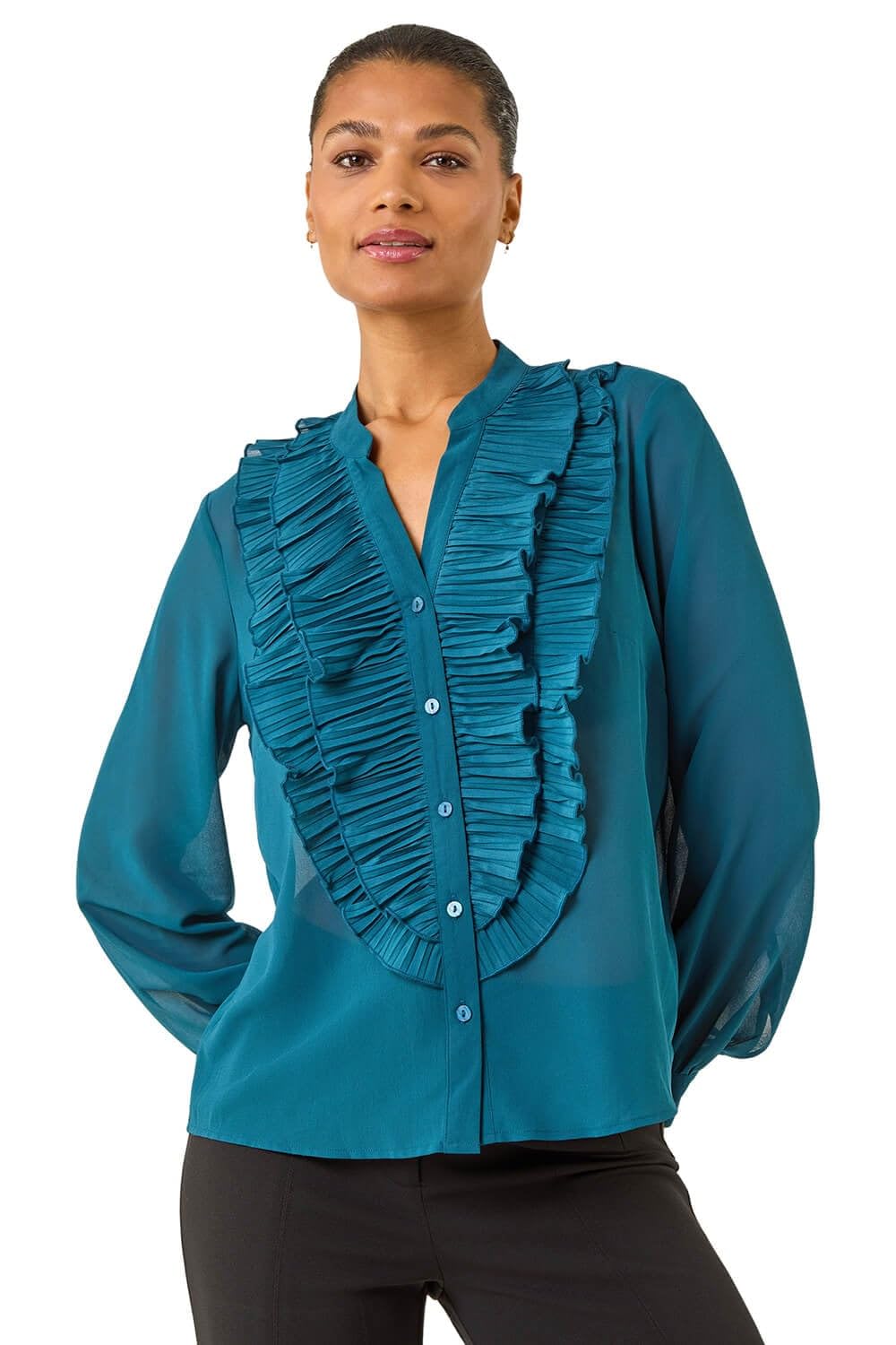 Roman Women's Teal Ruffle Front V-Neck Blouse Size 20