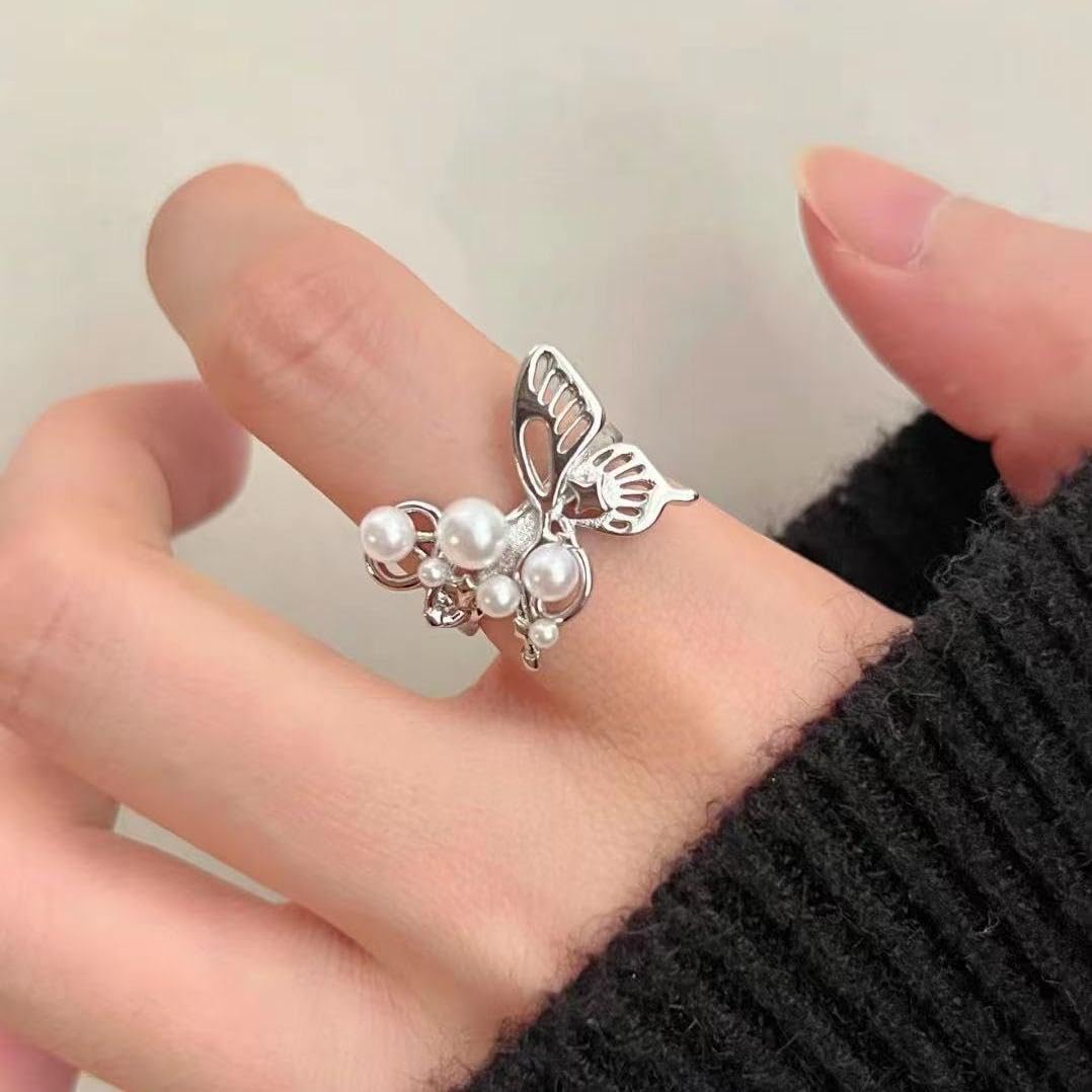 Elegant Bow Knot Pearl Rings for Women s Adjustable Opening Butterfly Tie Open Statement Ring Promise Engagement Rings Anniversary Wedding Band Jewelry s