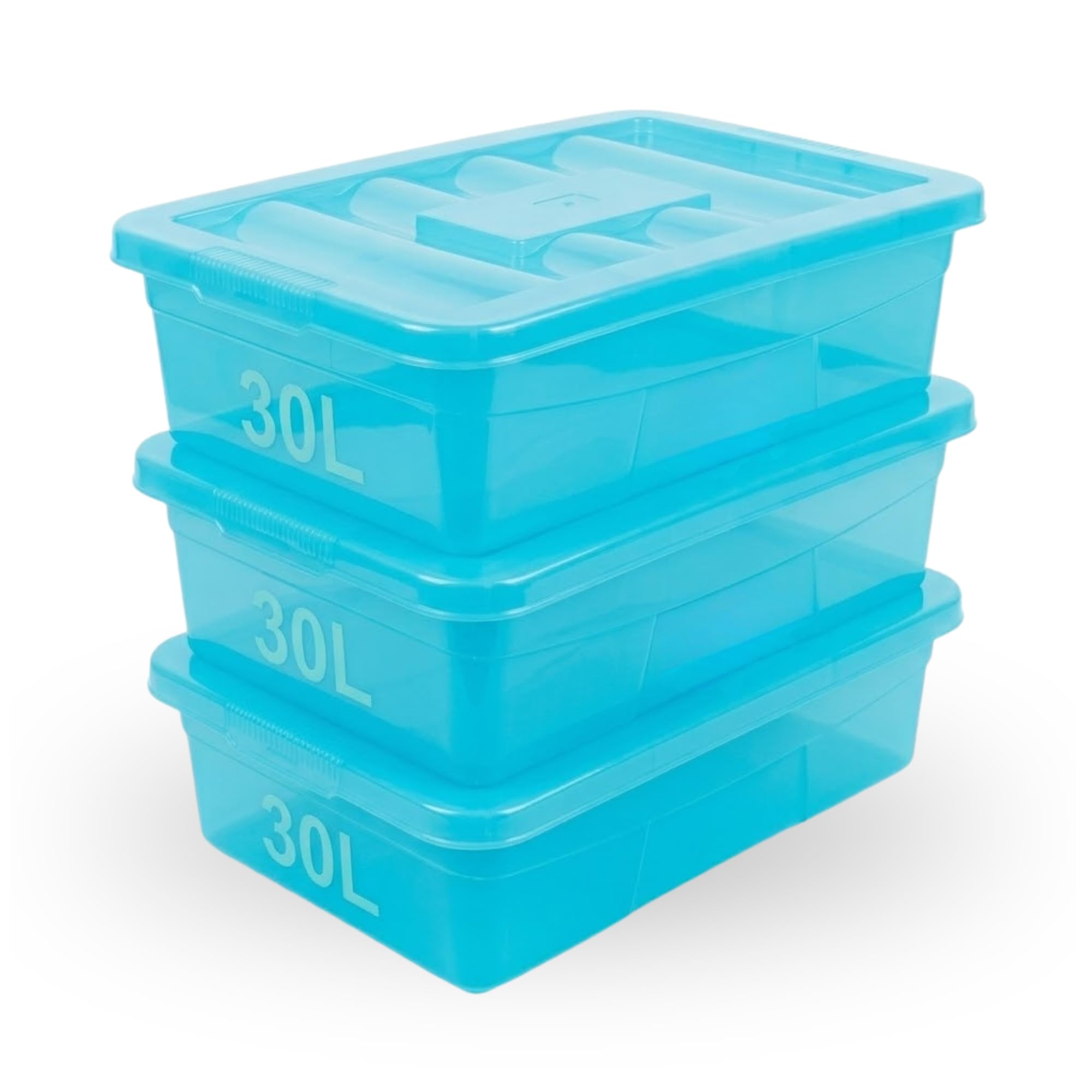 SIDSONS 3x 30L Underbed Plastic Storage Boxes with Clip Lock Lids - Blue Underbed Protective Storage Box -Multipurpose Organizer for Home, Office Accessories