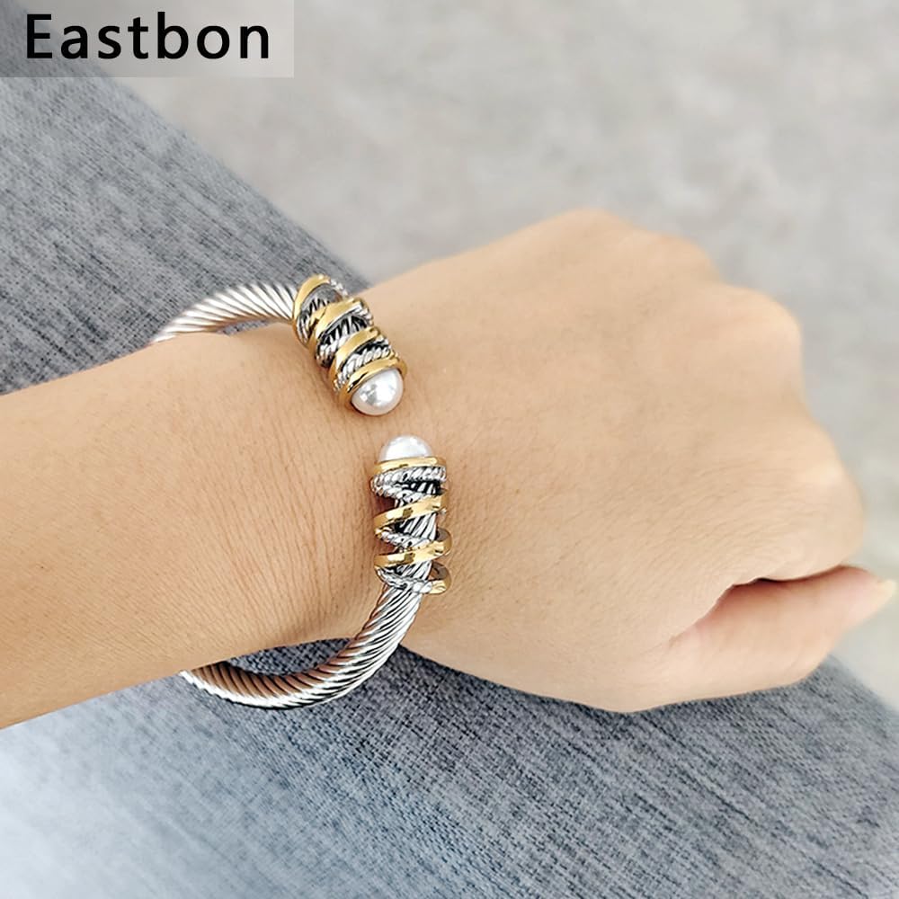 Twisted Cable Bracelet with Composite Shell Pearl 6" Antique Cuff Bracelets for Women - Image 7