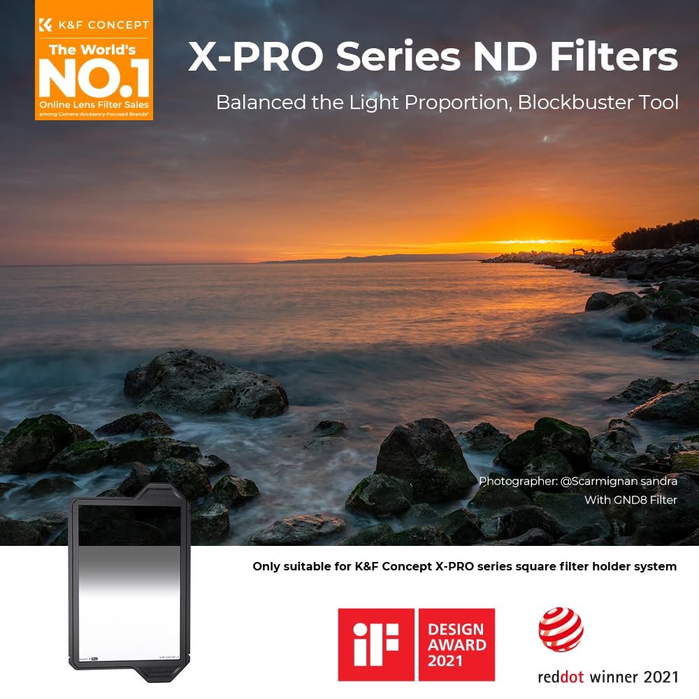 K&F CONCEPT Filtre GND16 Soft Carré 100 * 150mm 4 f-Stop avec Cadre de Protection HD Nano-revêtements Imperméable Compatible avec X-Pro Porte-Filtre Système