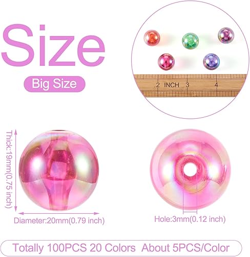 Miniatura 4 de Beadthoven - 100 cuentas de goma de mascar gruesas de 0.787 pulgadas, cuentas acrílicas transparentes iridiscentes, cuentas de chicle, cuentas