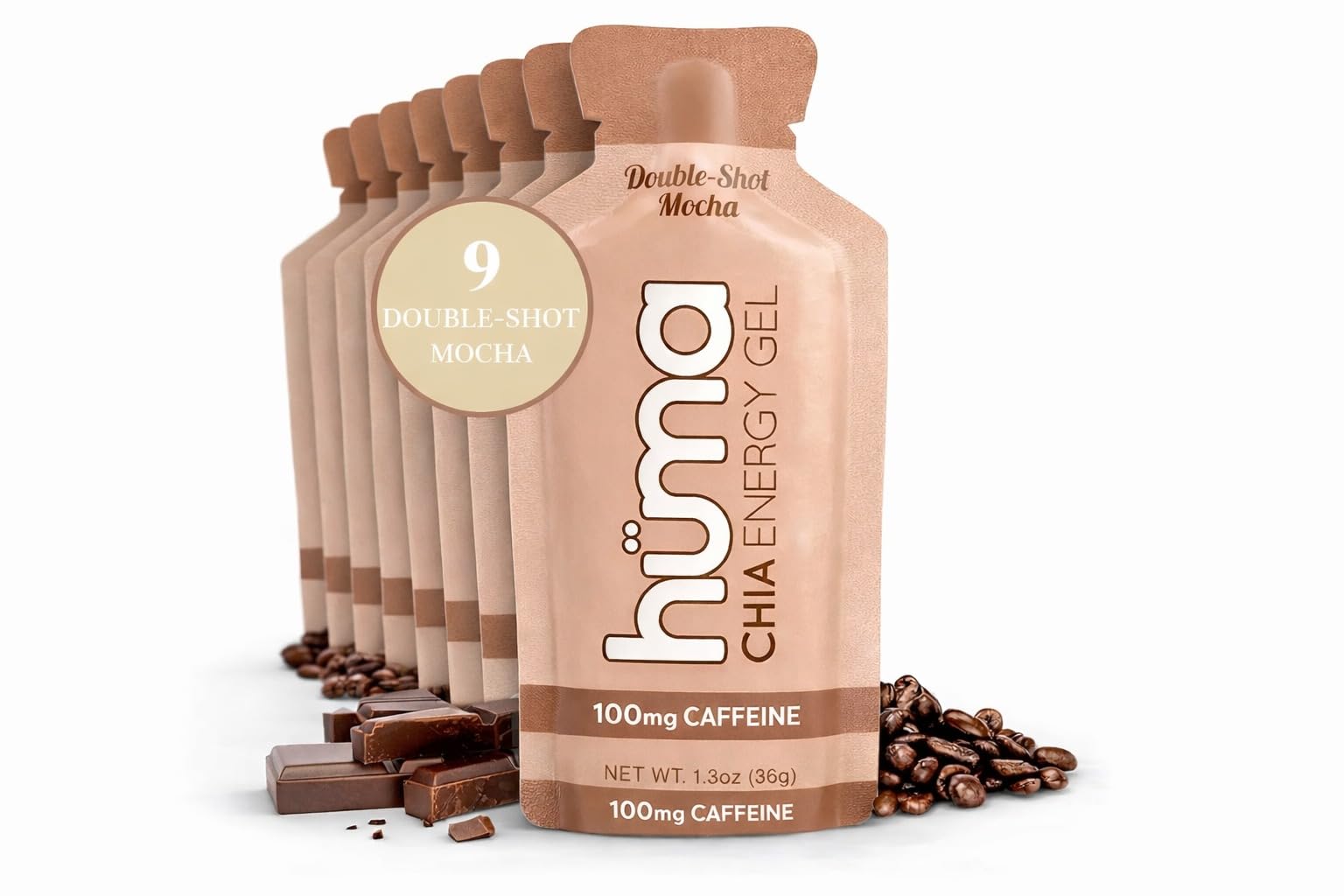 Huma Chia Energy Gel - Cafe Mocha - 9 count x 36g - 25gr Carbs, 110mg Sodium, 2x Caffeine, 50mg Caffeine, 100% All Natural, Vegan, Gluten Free, No Stomach Problems, Great Taste, Easy Digestion