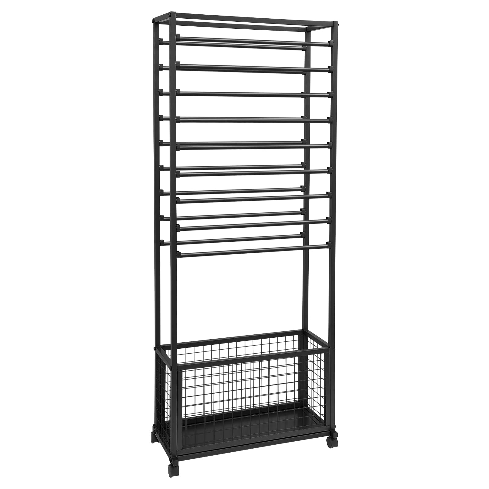 YUMIONB 20 Rods Double-Sided Ribbon Organizer, Ribbon Holder with Bottom Basket & Wheels Wrapping Paper Storage Rack Freestanding Scarves & Tie Organizer for Clothing Stores, Florists (Black)