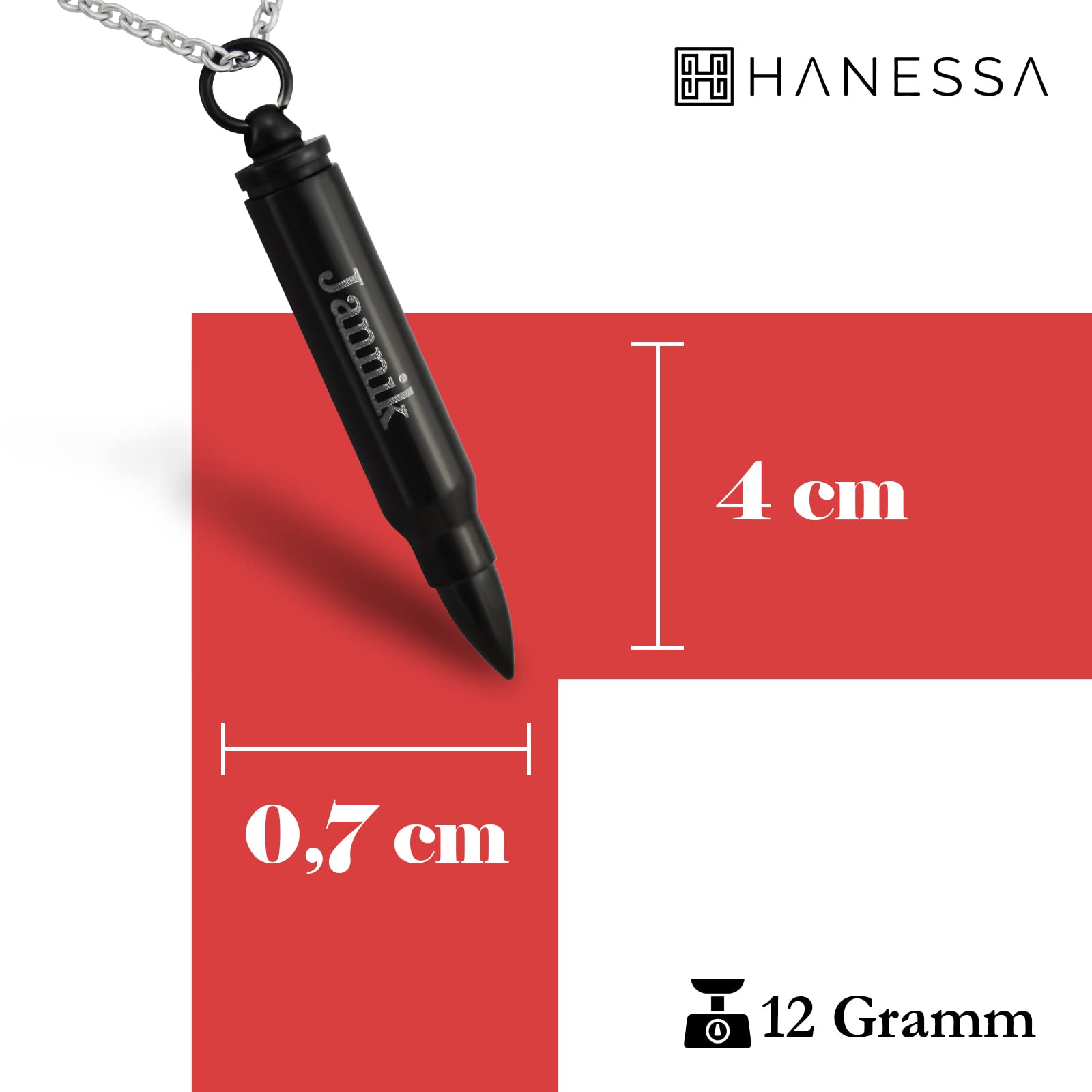 Personalisierte Kette mit Gravur Edelstahl 50 cm mit Anhänger Patronenhülse Pistolenkugel zum Aufschrauben in schwarz - Personalisierte Halskette für Männer Frauen - Personalisierter Schmuck