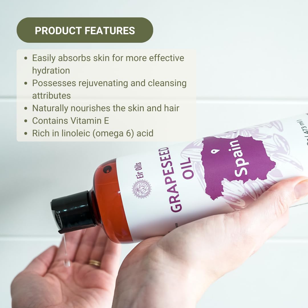 Olio di vinaccioli (1 GAl) – Direttamente dai partner di EIR Oils nel fiorente settore enologico spagnolo – Olio vettore puro al 100% per capelli, viso e pelle