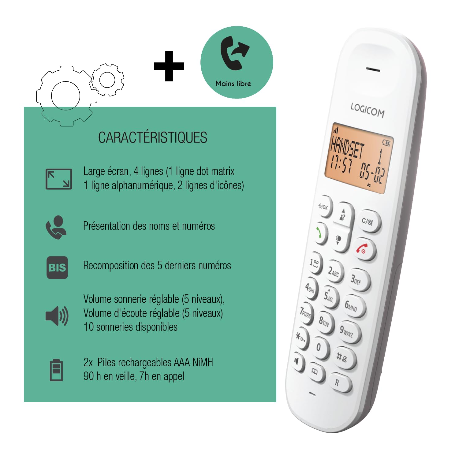 Logicom ILOA 150 DECT Schnurlostelefon – Freisprechfunktion – Großes 4-Zeilen Display – 300 m Reichweite – 7h Gesprächszeit – 90h Standby – Taupe