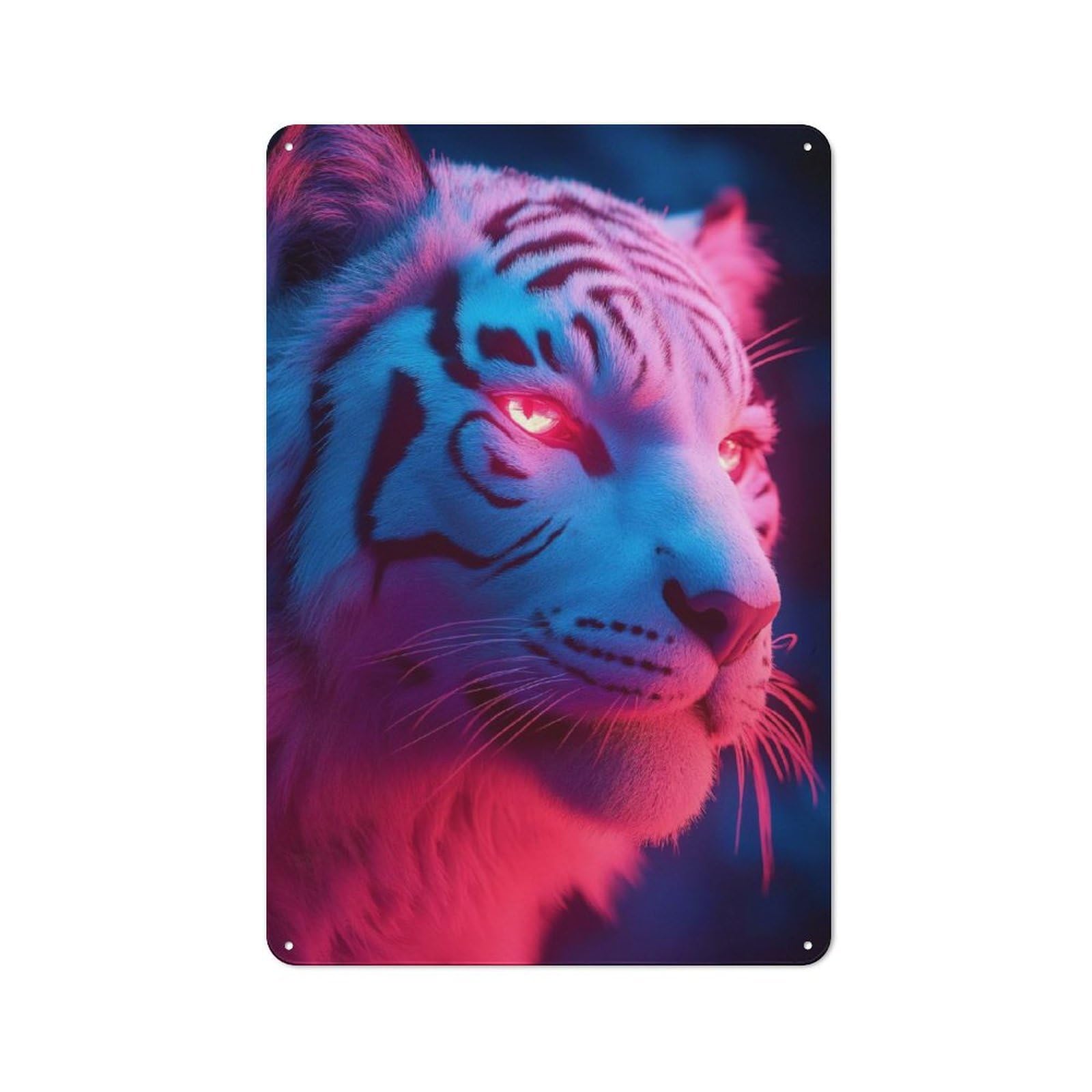 Vintage Neon White Tiger Portrait Tin Sign 30x20cm, Shed Wall Plaque for Garage, Workshop, Shed Or Utility Room