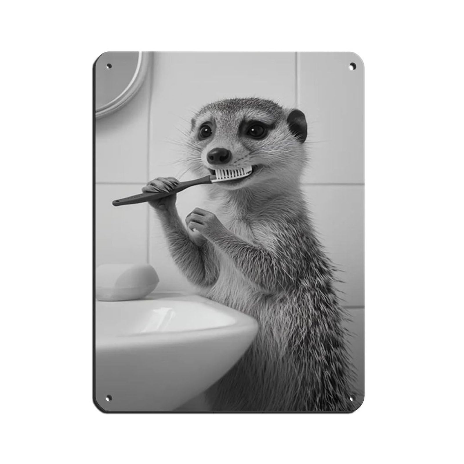 Mongoose Brushing Teeth, Funny Bathroom Art Retro Poster Metal Tin Sign Chic Art Retro Iron Painting Bar People Cave Cafe Family Garage Poster Wall Decoration 12x16inch(30x40cm)
