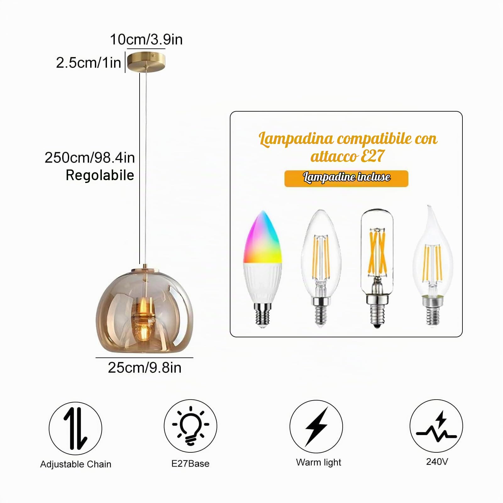 Lampadario moderno in vetro grigio fumé/ambra, lampade a sospensione in ferro da 9 pollici, illuminazione a sospensione regolabile in altezza per camera da letto Isola cucina Sala da pranzo Soggiorno