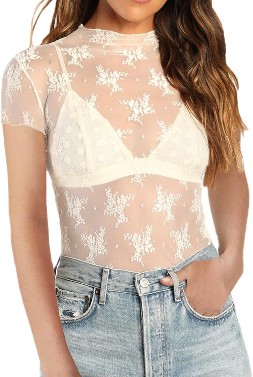 Sheer Mesh Short Sleeve Layering Top for Women Mock Neck Floral Lace Tshirt See Through Tee Shirt Blouse