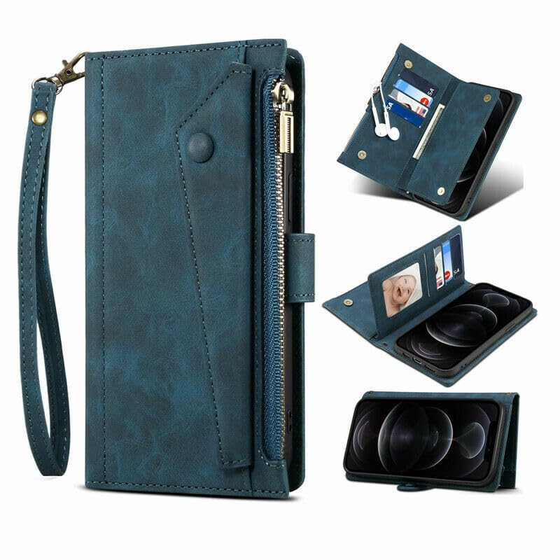 Étui en cuir bleu pour iPhone 16 Pro Max avec fermeture éclair et plusieurs emplacements cartes