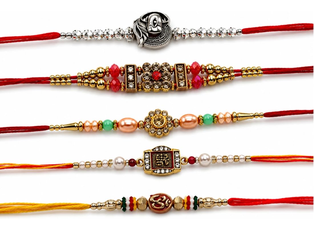 Ethnic Rakhi Pack of 5 with Stone & Bead Work-image-5