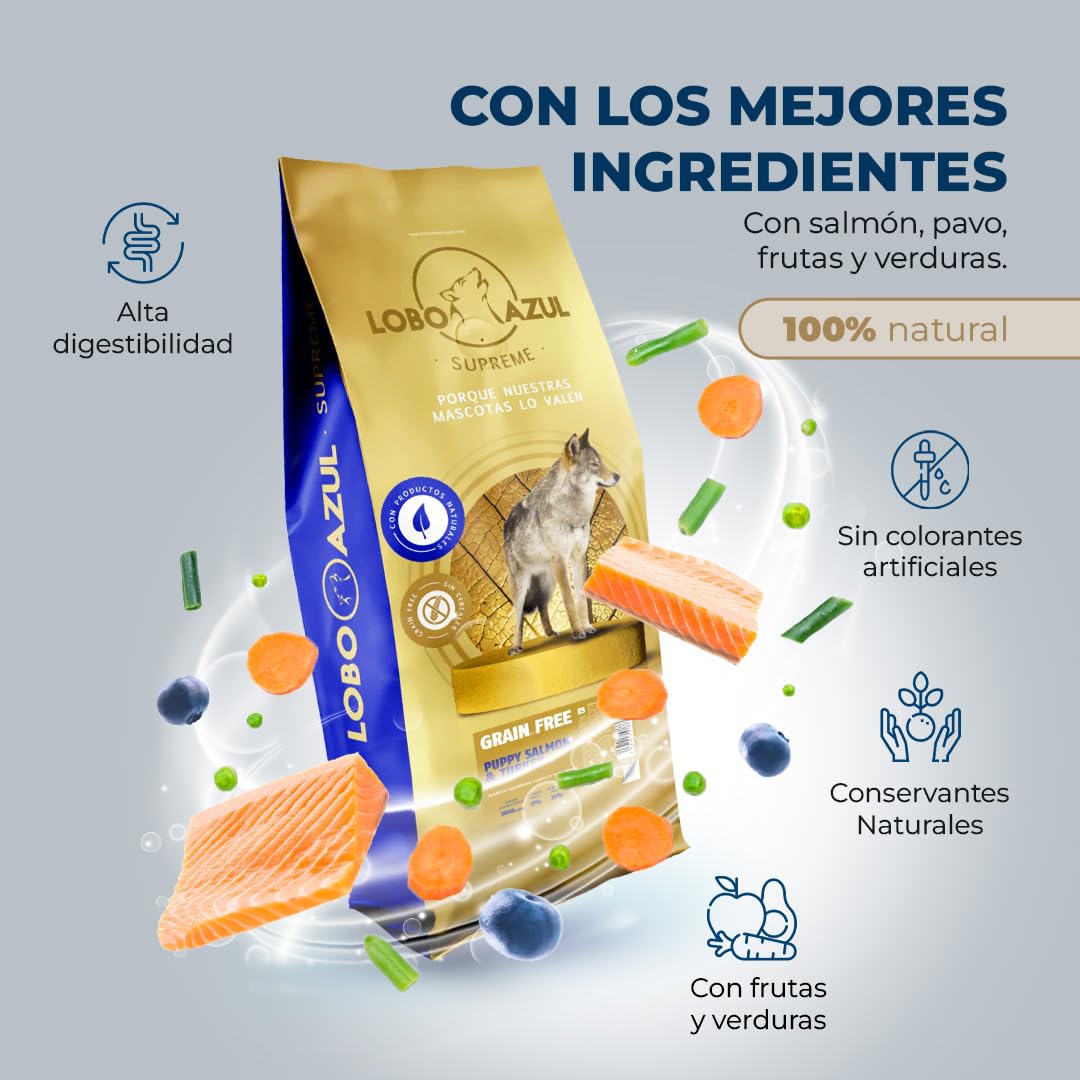 Pienso Grain Free para Cachorros - Salmón y Pavo Fresco - Comida Hipoalergénica para Cachorros - 12kg Lobo Azul Puppy Salmon & Turkey
