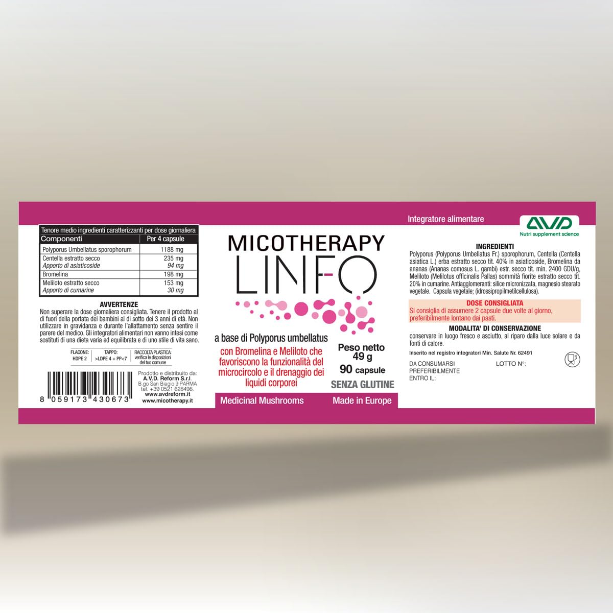 AVD REFORM | Micotherapy Linfo – Integratore con Polyporus umbellatus, bromelina ed estratti vegetali dall’azione drenante – 90 capsule – Prodotto in Italia