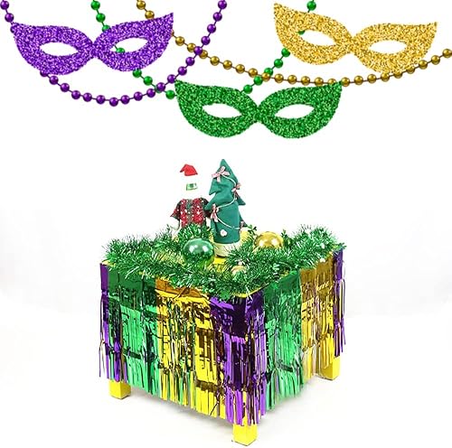 Miniatura 6 de Paquete de 2 faldas de mesa con flecos metálicos de Mardi Gras, cortinas de flecos metálicos de papel de oropel, cortinas de flecos de papel de