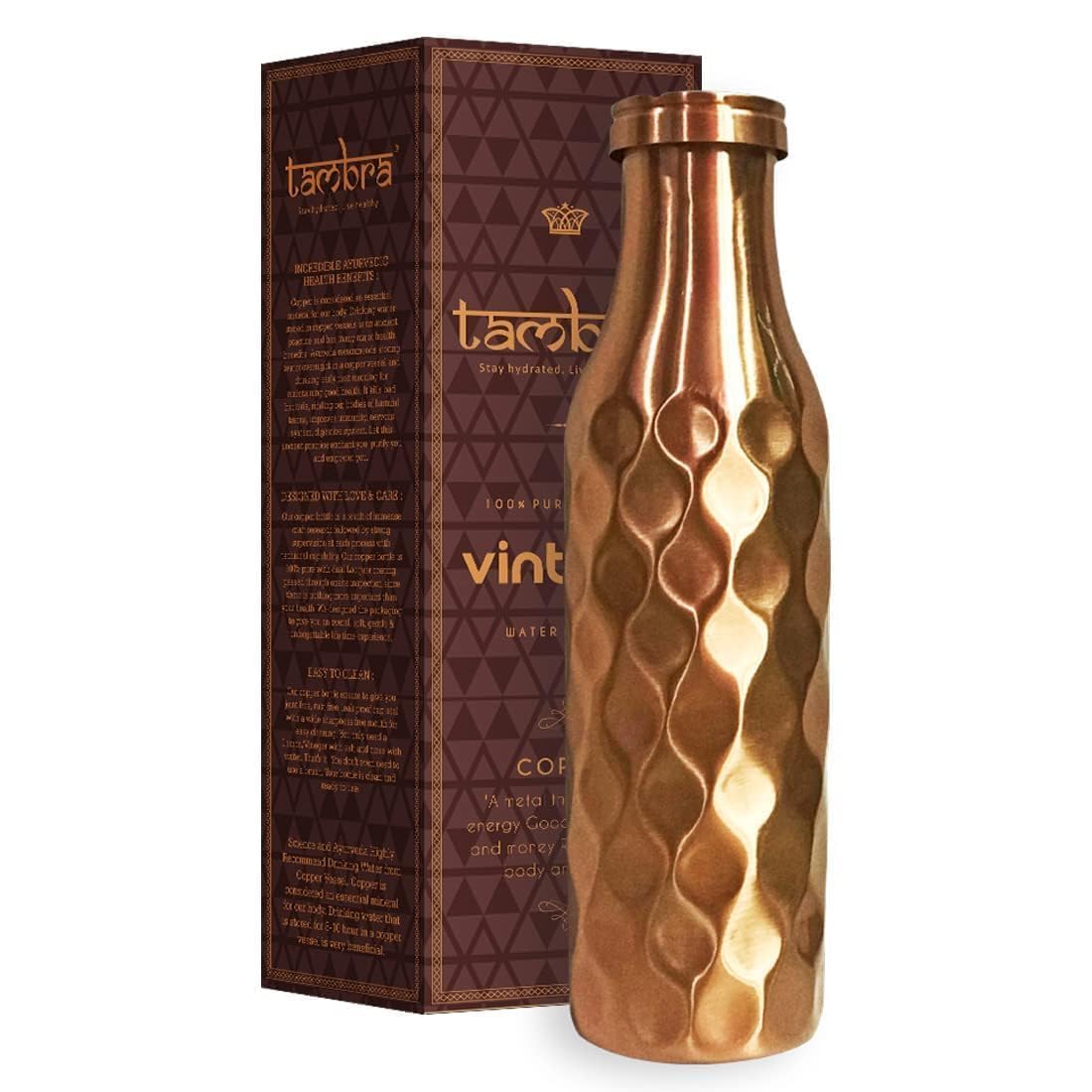 Tambra Pure Copper Jointless Vintage Water Bottle for Drinking, Handcrafted Ayurvedic Copper Water Bottle, Leak Proof Lid | Smooth Finish Copper Bottle Water Vessel - 32 Oz (HAMMERED)