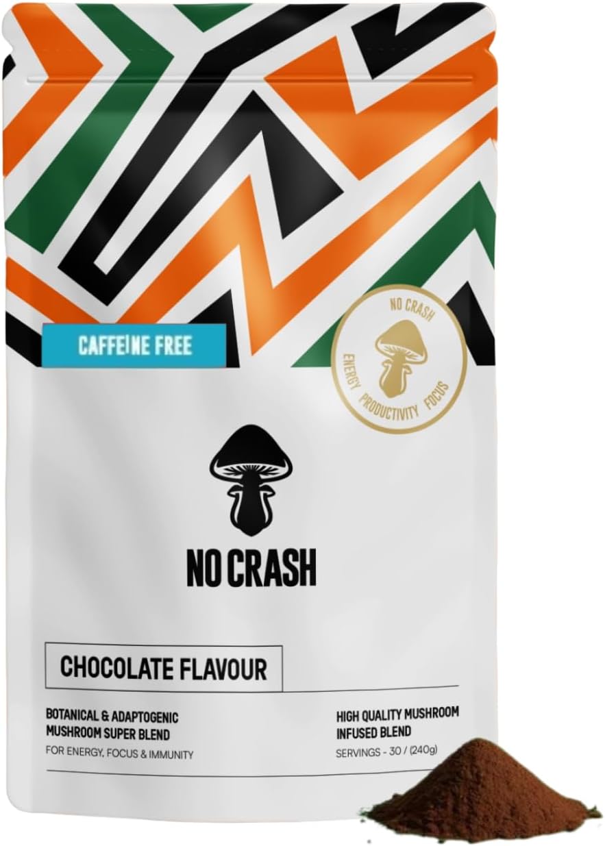 NO CRASH Mushroom Coffee & Adaptogen Blend | Chocolate Flavour | 240g 30 Servings | Lions Mane, Cordyceps, Ashwagandha | Nootropic Vegan Drink for Focus, Energy & Gut Support (Caffeine-Free)