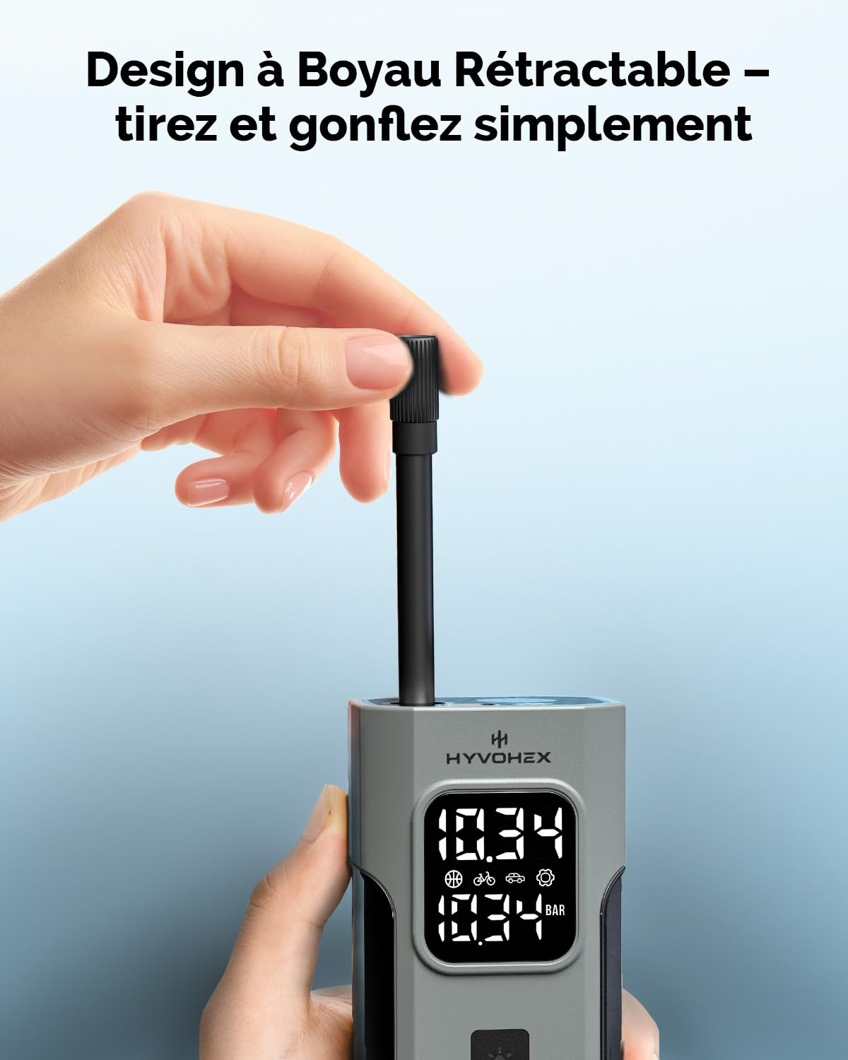 HYVOHEX Gonfleur 4000mAh Pneus Voiture Compresseur à Air Portatif 10,34Bar | Arrêt Automatique - Manomètre Numérique Lampe LED - Charge Pratique - pour Voiture, Moto, Vélo, Ballon