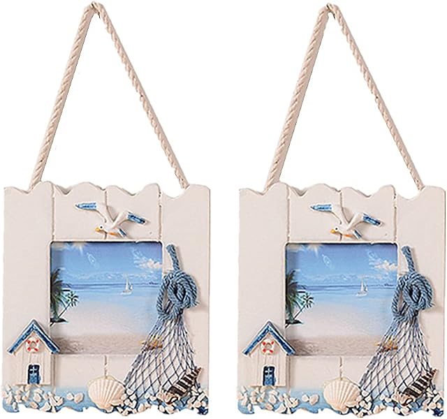 OHAOLYLE 2 Pcs Wooden Beach Picture Frame Seaside Vacational Frames Nautical Photo Frame Standing and Wall Picture Frames Ocean Tropical Photo Frame for Bathroom Kitchen Decor Gift Accessory