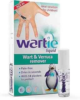 Wartie Liquid Verruca and Wart Remover - Safe For Adults and Children Aged 4+ - Fast Acting Wart and Verruca Treatment For Hands and Feet - Fast Drying With 18 Protective Plasters Included