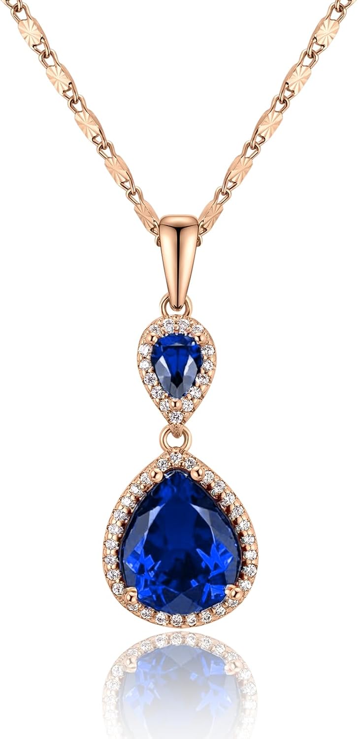 Water Drop Pendant Necklace for Women, 18K Gold Plated Brass with Sapphire Blue Cubic Zirconia Gemstones Double WaterDrop Pendant