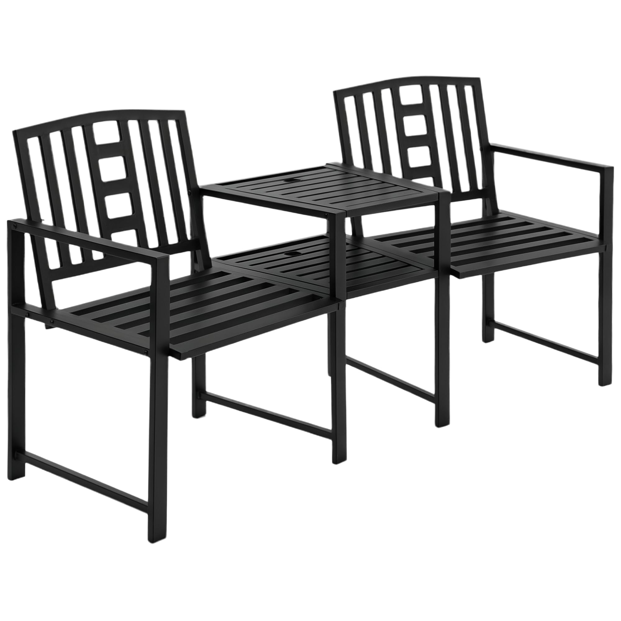 Outsunny Patio Tete-a-tete Chair 2 Seat Bench Middle Coffee Table w/Umbrella Hole for Outdoors Decorative Slatted Design Steel Frame Black