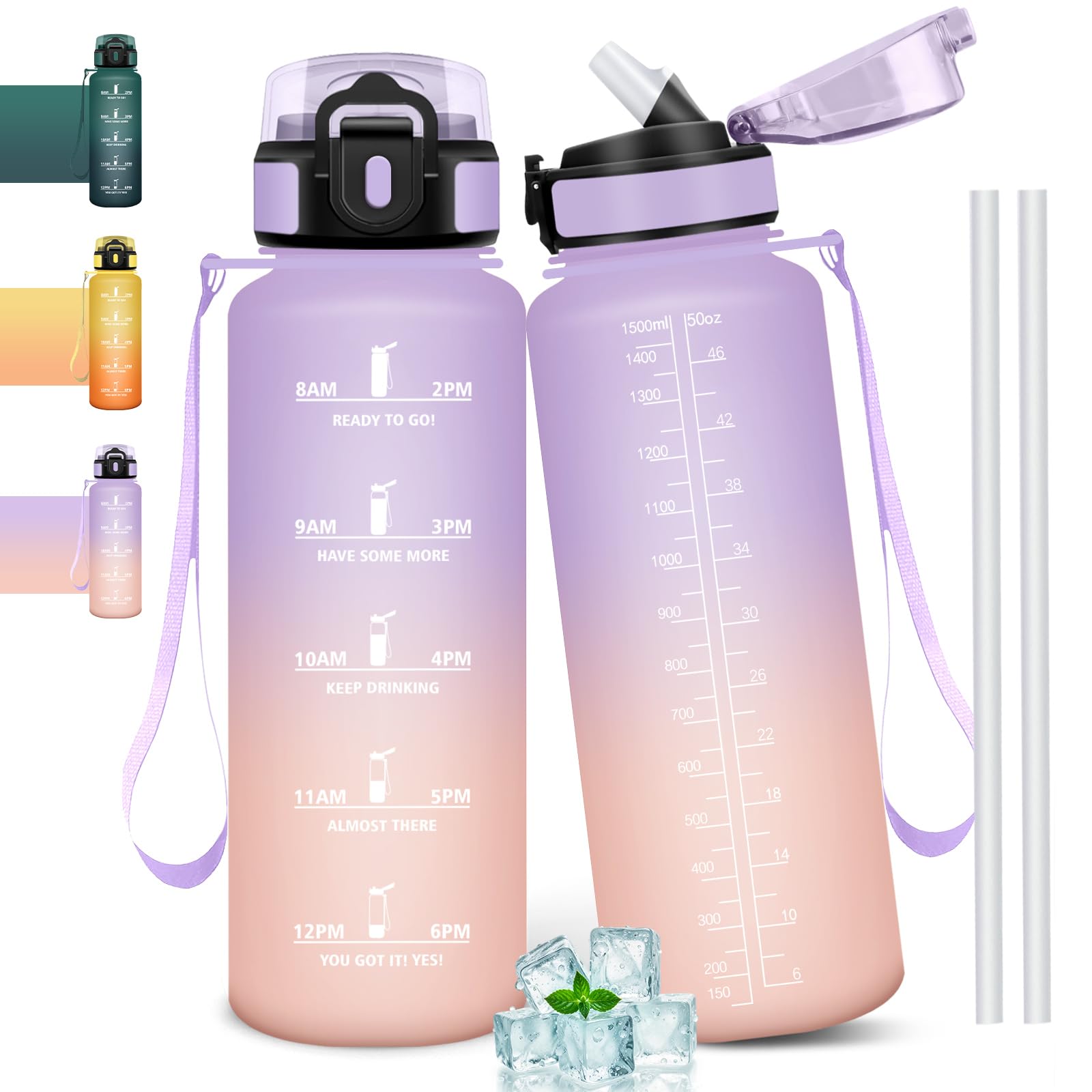 Drinking Bottle 1.5 L with Straw, Suitable for Carbonated Drinks, Sports Water Bottle with Time Markings, Leak-Proof and BPA-Free, Water Bottle