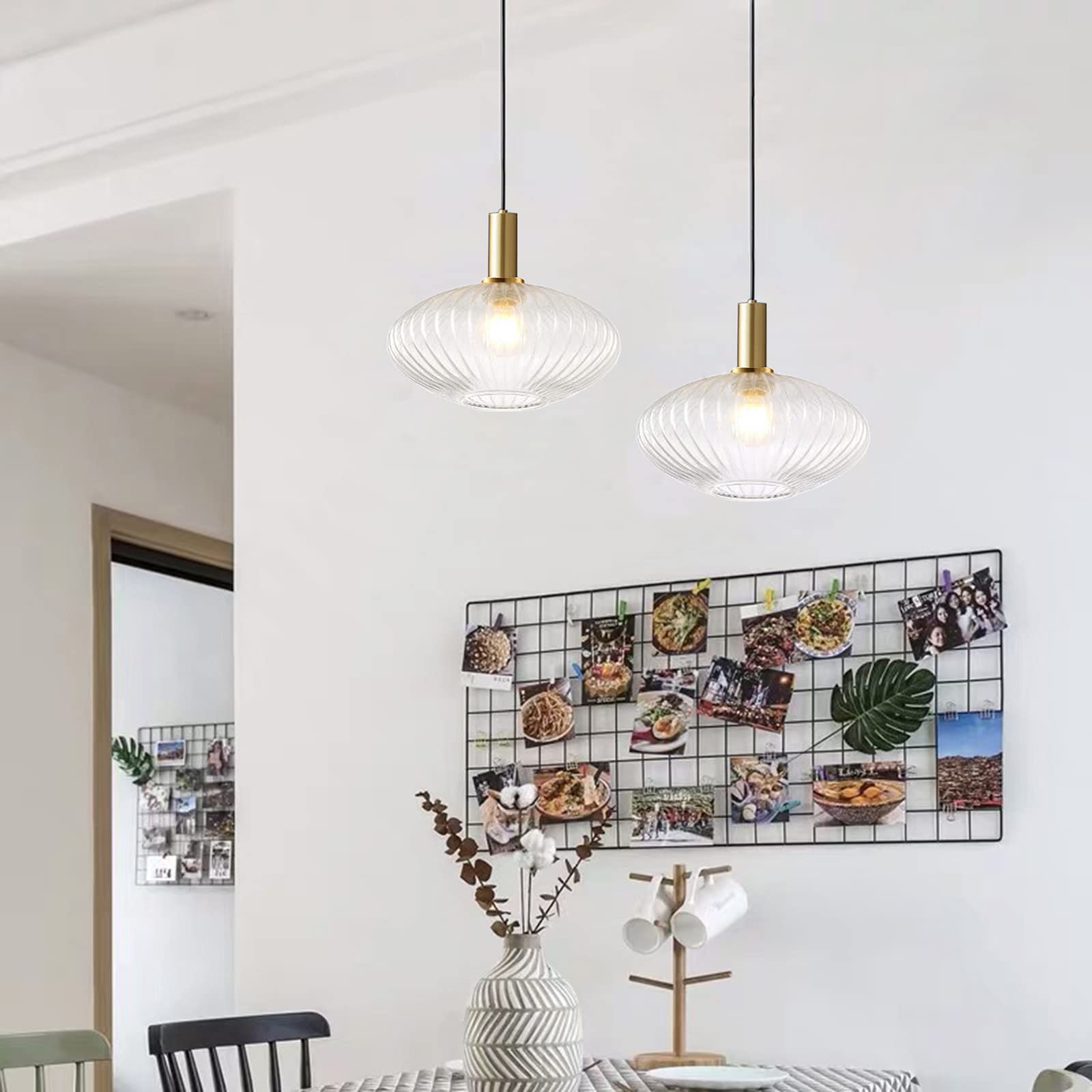 Lámpara colgante de vidrio transparente con pantalla de vidrio acanalado y acabado en bronce, lámpara colgante de techo retro moderna para mesita de noche, mesa de comedor e isla de cocina (L)