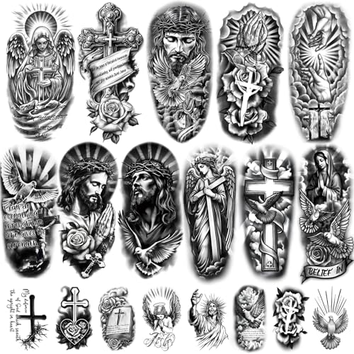77 Sheets Christian Temporary Tattoo for Women Men, 17 Sheets Half Arm Religious Cross Jesus God Angels Fake Tattoos for Adult Arm Chest, 60 Sheets Christ Tiny Realistic Tattoos Stickers for Kids
