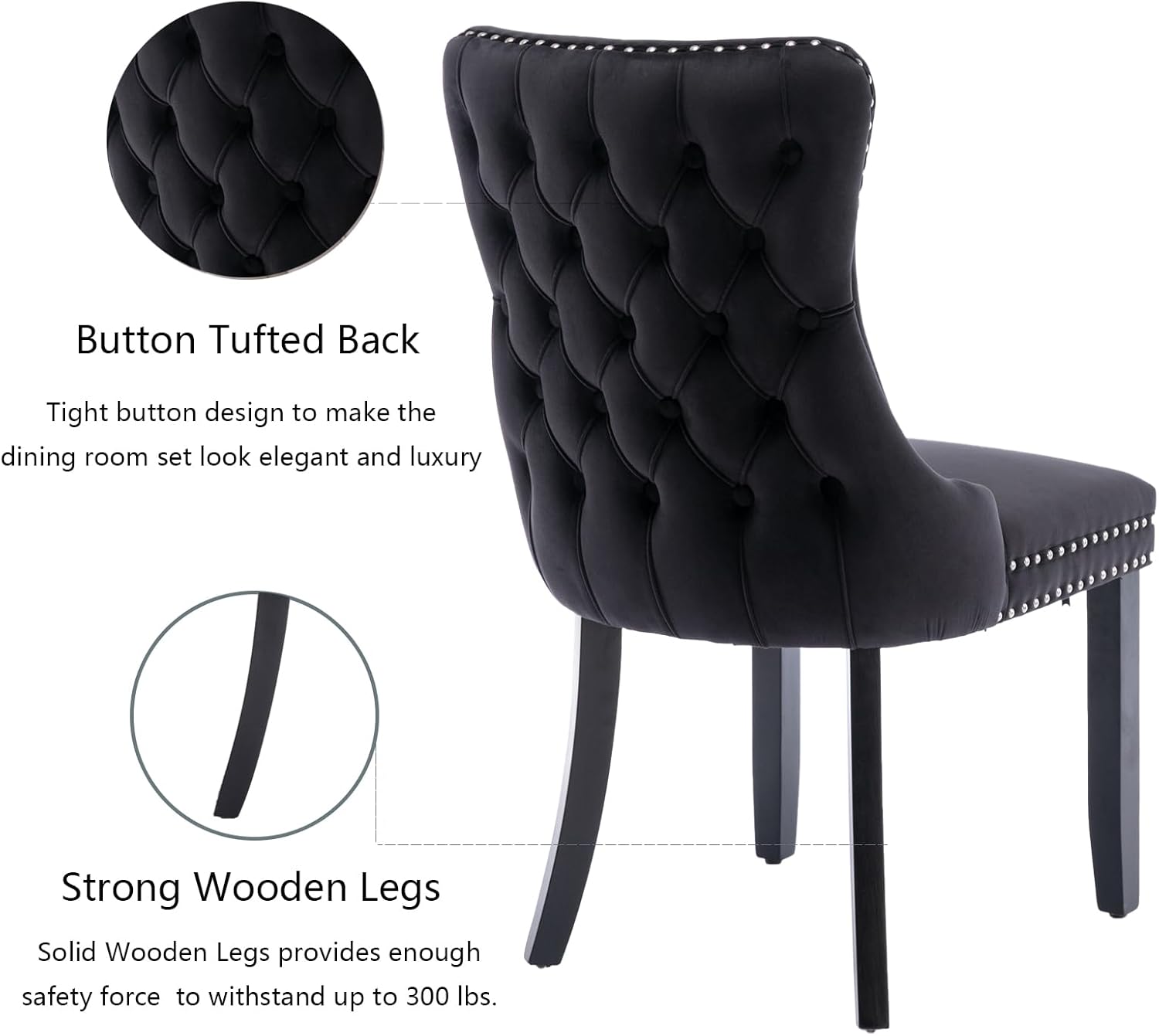 Black Velvet Wingback Dining Chairs with Solid Wood Legs, Set of 2