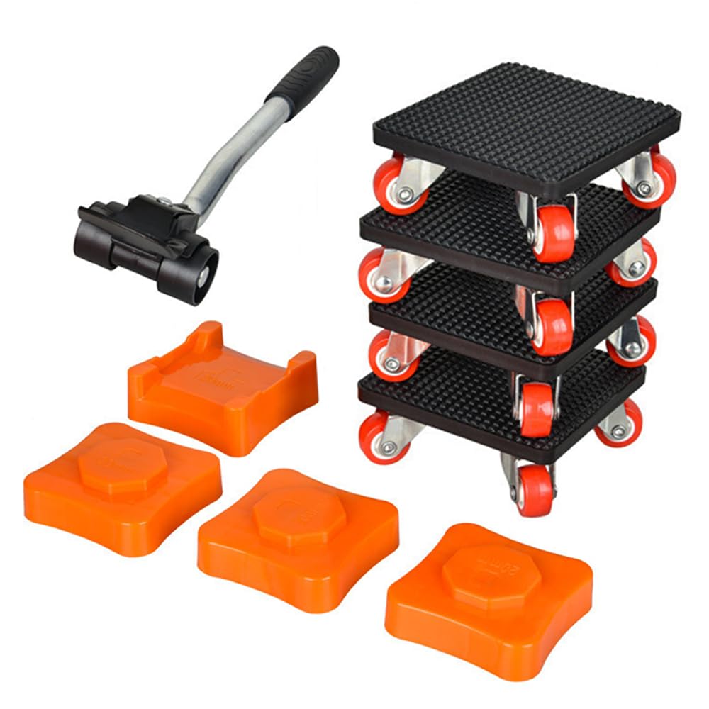 Furniture Moving Wheels, Heavy Duty Furniture Mover Set with Lifter, 360° Rotation Roller Furniture Dolly for Moving Refrigerator Sofa Cabinet Washing Machine (Black + Orange, 10.7 x 10cm)