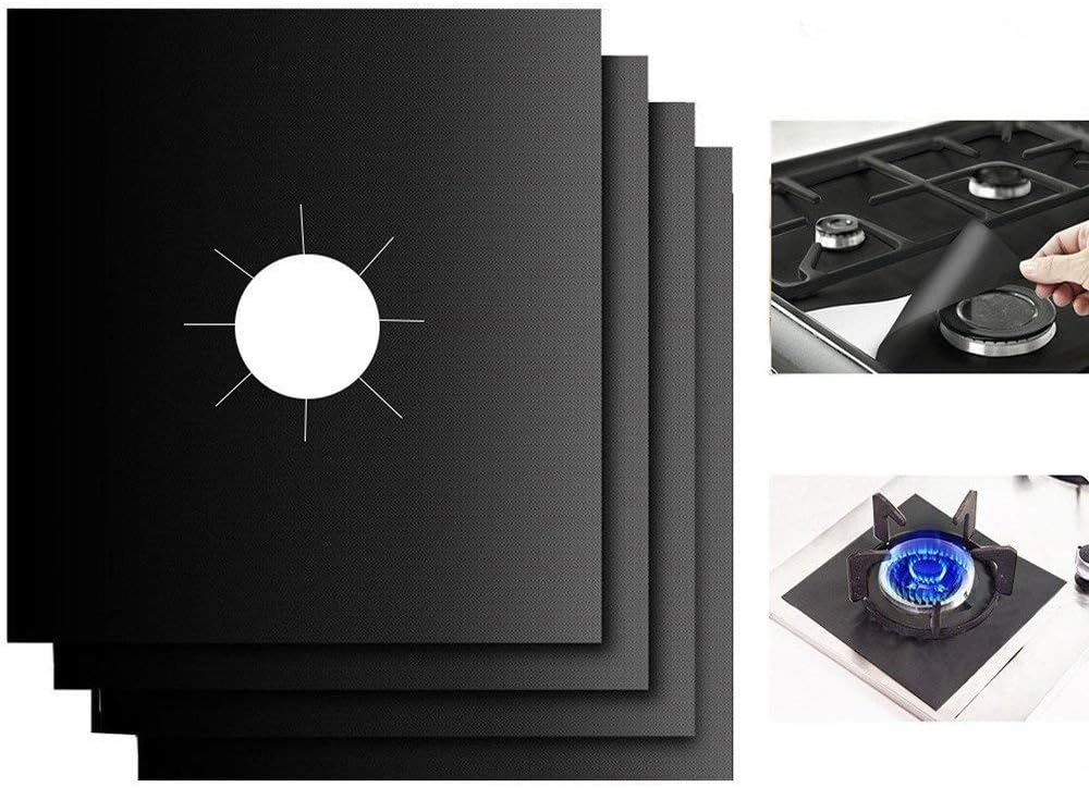 Gas Hob Protector Liner, 8pcs Reusable Stovetop Burner Protector Liner Cover Non-stick Protectors for Gas Stove Easy to Clean,Cuttable,Dishwasher Safe,Heat Safe - Black (10.6x10.6inch)