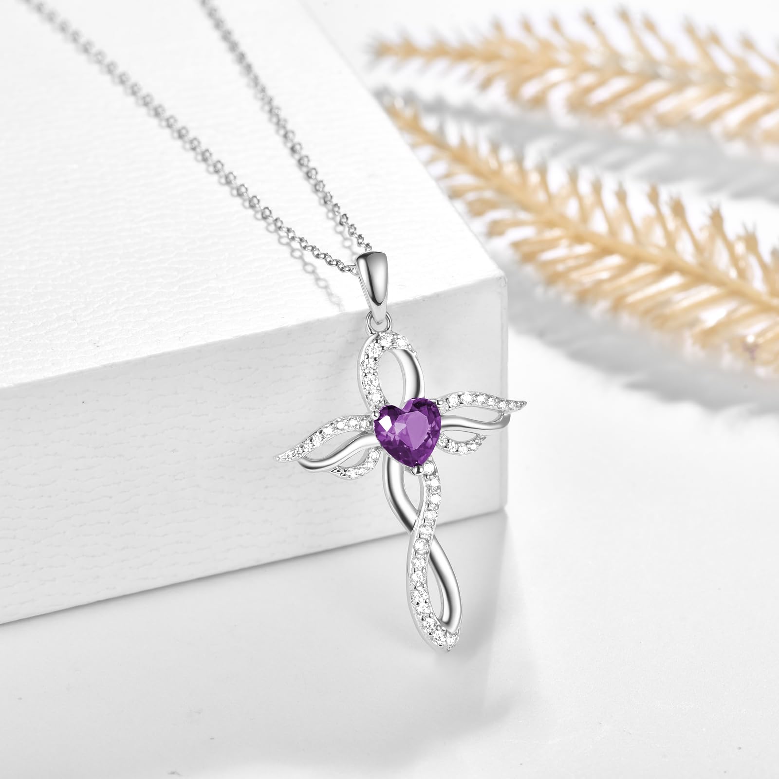 TANGPOET Engelsflügel Halskette für Frauen 925 Sterling Silber Schutzengel Anhänger, Herz Kreuz Geburtsstein Kette, Geburtstag Schmuck Geschenke für sie